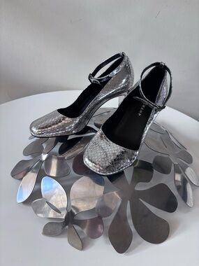 Longchamp Silver Snake Ankle-Strap Pumps